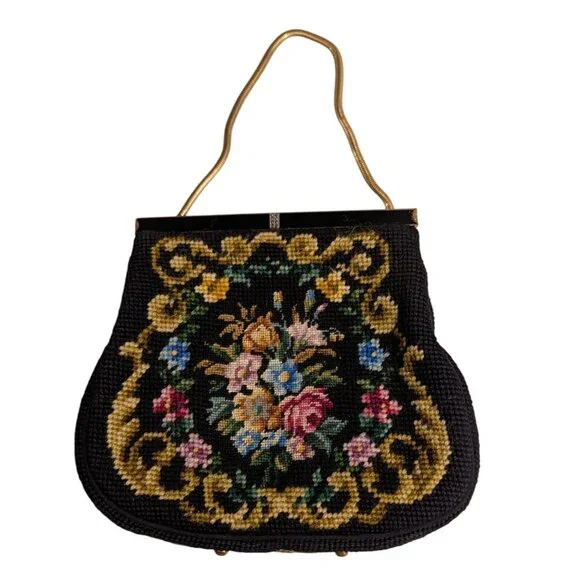 Vintage Floral Needlepoint Evening Bag Metal Frame Chain Strap etched clasp - Picture 1 of 16